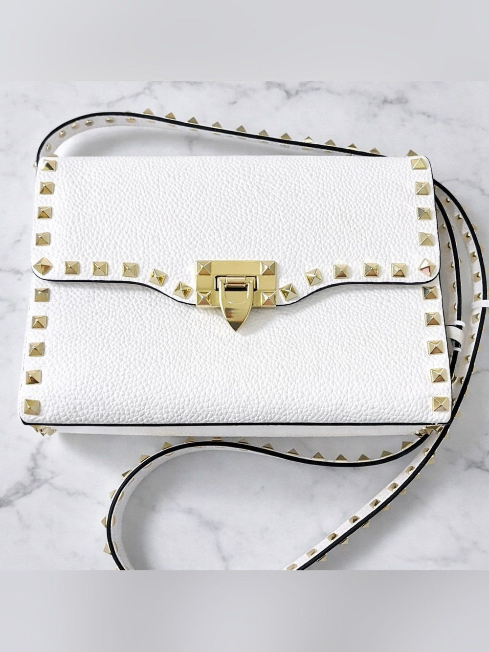 White Leather Crossbody Bag with Gold Stud Trim